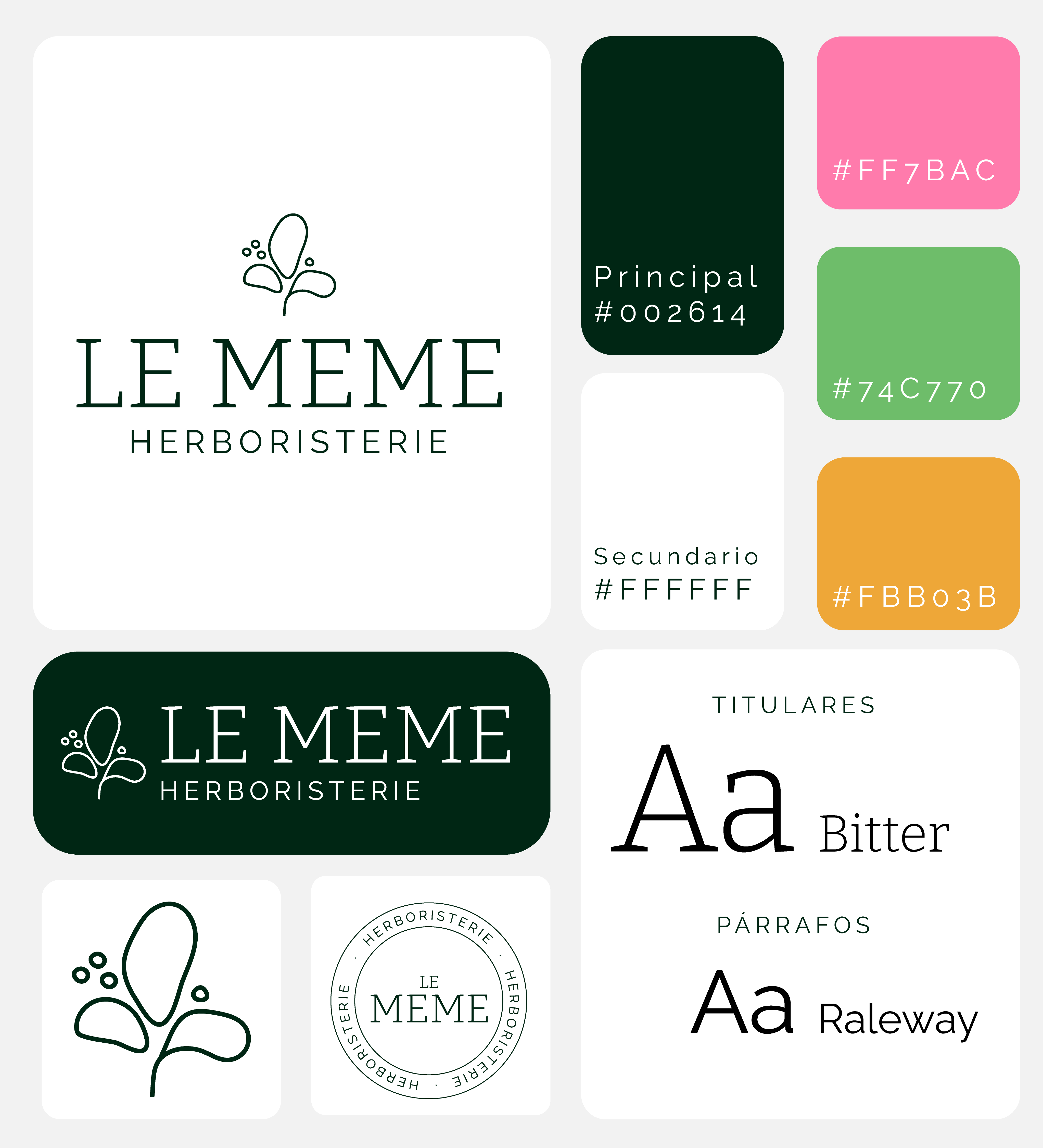 Guia de marca de Le Meme Herboristerie. En ella se describen los colores, fuentes y recursos de la marca.