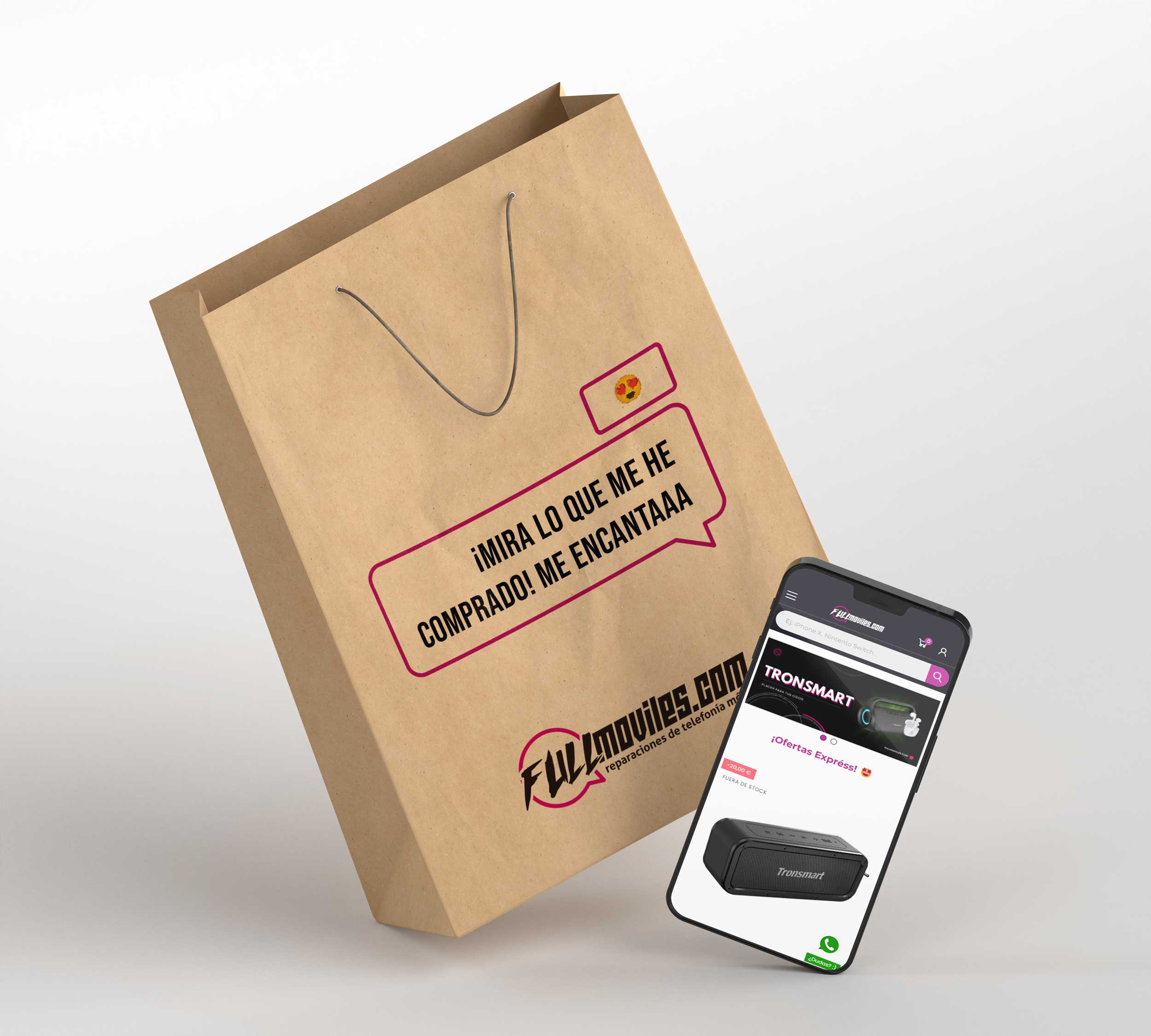 Bolsa con el diseño de "Fullmoviles" al lado de un movil que muestra su sitio web.